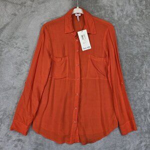Splendid Shirt Womens XS Orange Double Pocket Button Up Sheer Rayon Blouse Top